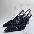 Summer Women's Black Mesh Sequin Pointed-Toe High Heels, Elegant Slingback Shoes, Luxury Brand Women's Pumps