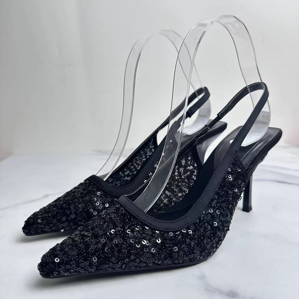 Summer Women's Black Mesh Sequin Pointed-Toe High Heels, Elegant Slingback Shoes, Luxury Brand Women's Pumps