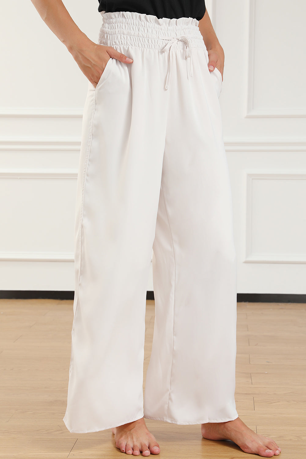 Damen Wide-Leg-Hose in Beige – High-Waist mit Smocked Bund