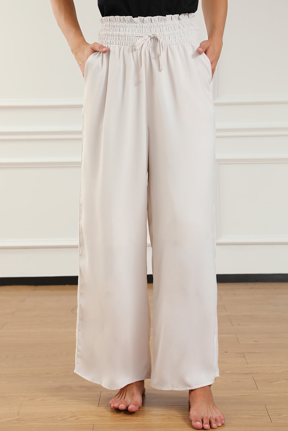 Damen Wide-Leg-Hose in Beige – High-Waist mit Smocked Bund