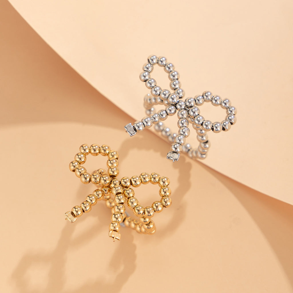 Pearl Ring Set with Bow – Adjustable in Silver & Gold