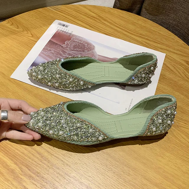Glitzer Ballerinas mit spitzen Zehen und Strass-Details