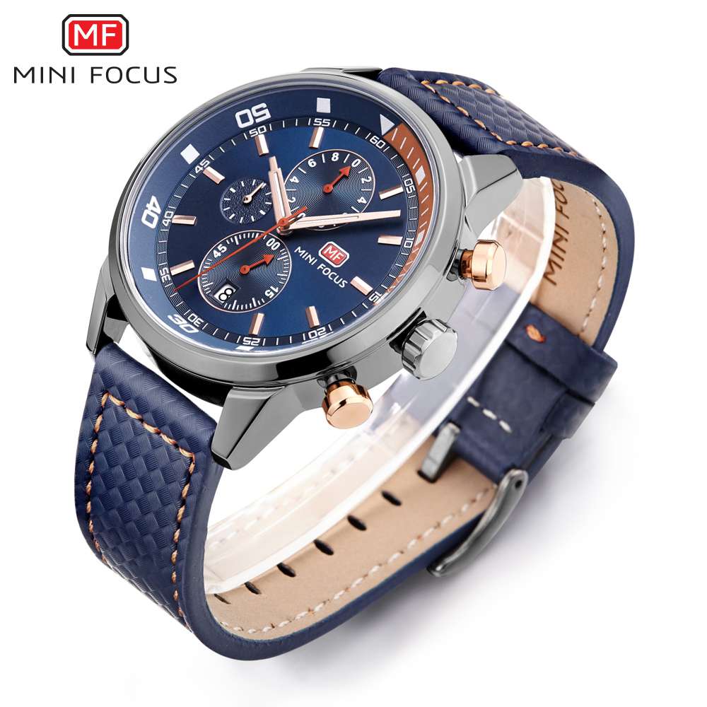 Herren Chronograph Armbanduhr in Blau – Elegantes Lederarmband