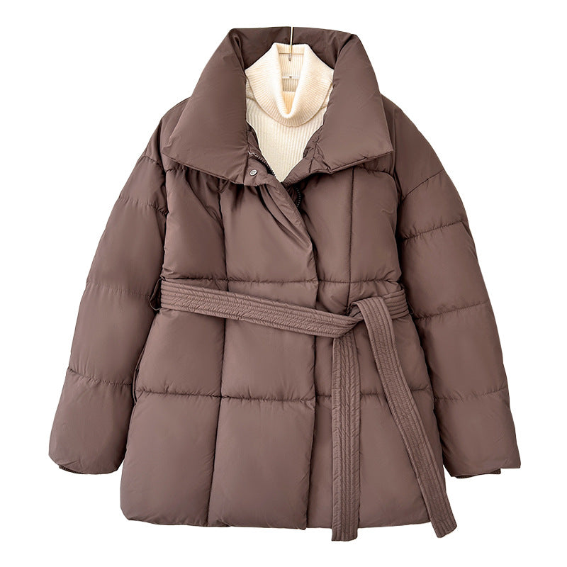 Women's Warm Quilted Winter Parka with Stand-Up Collar & Belt