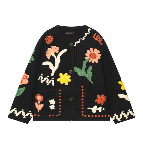 Blumenstickerei Jacke mit Rundhalsausschnitt Elegante Jacke mit floraler Stickerei