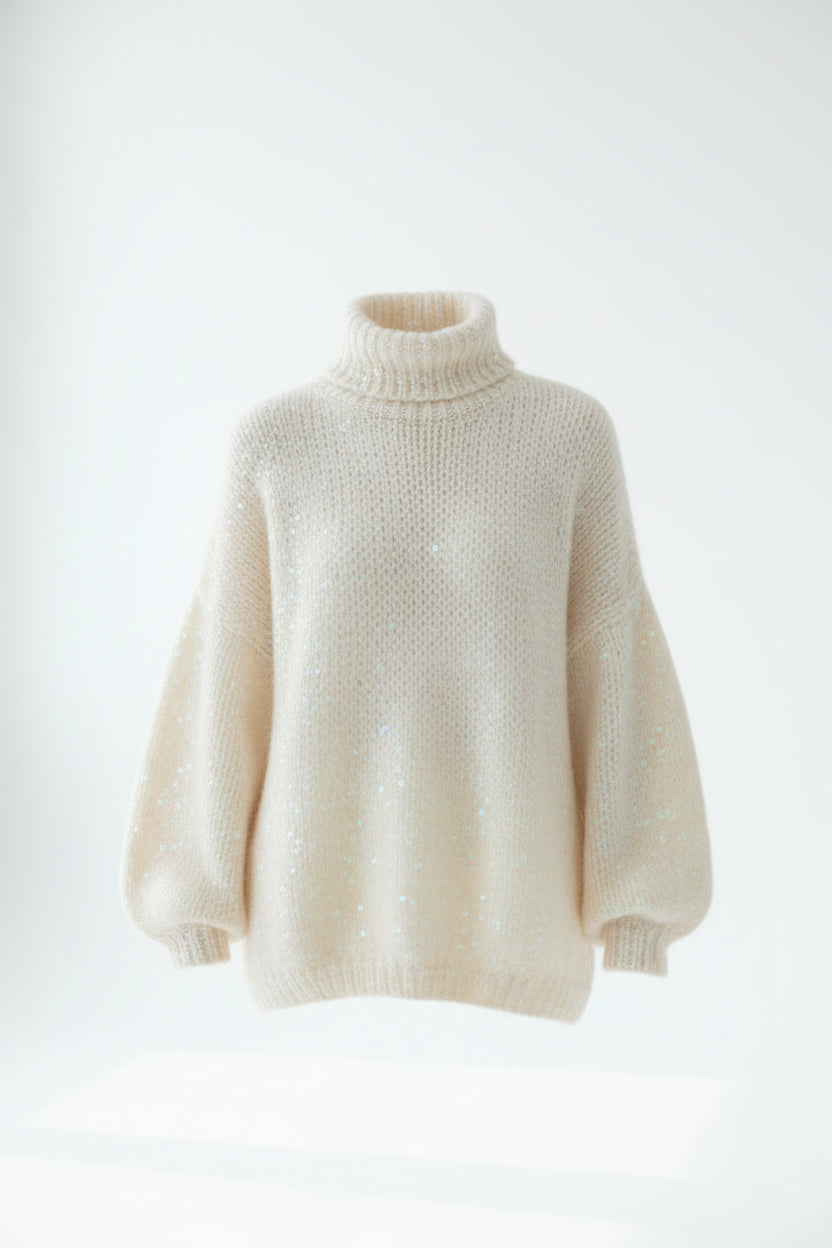 Fashionable sequined sweater, loose round neck lantern sleeve head, knitted sweater
