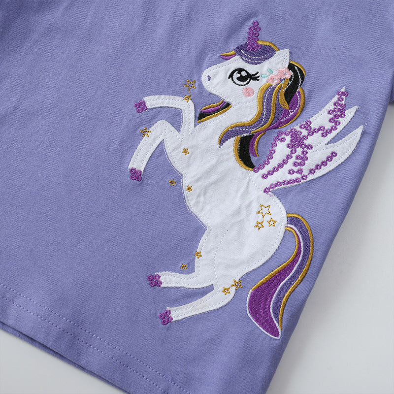 Kinder T-Shirt mit Einhorn Stickerei – Kurzarm