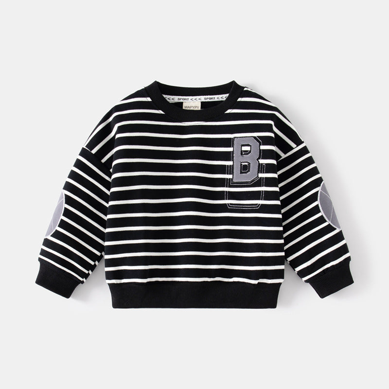 Gestreifter Kinder Pullover mit Buchstaben-Detail – Langarm Sweatshirt