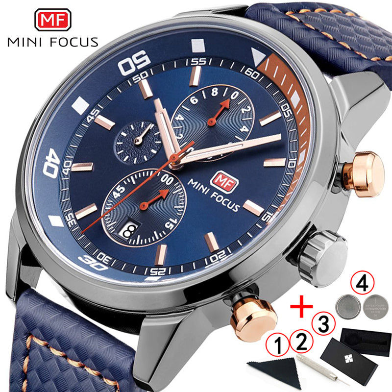 Herren Chronograph Armbanduhr in Blau – Elegantes Lederarmband