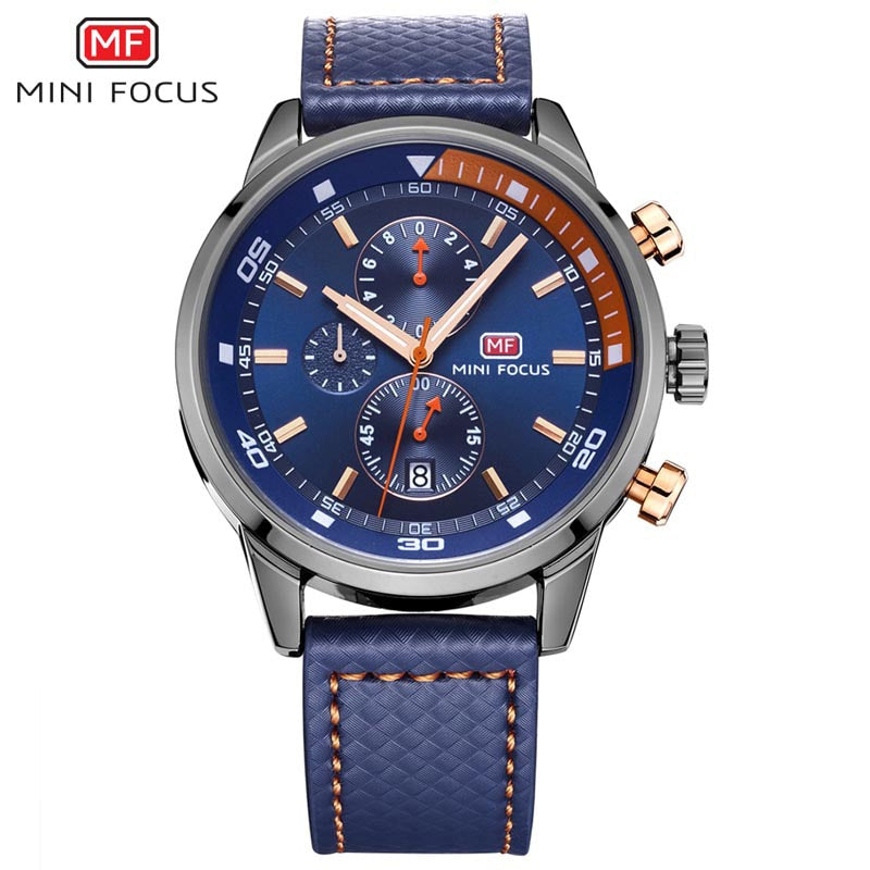 Herren Chronograph Armbanduhr in Blau – Elegantes Lederarmband