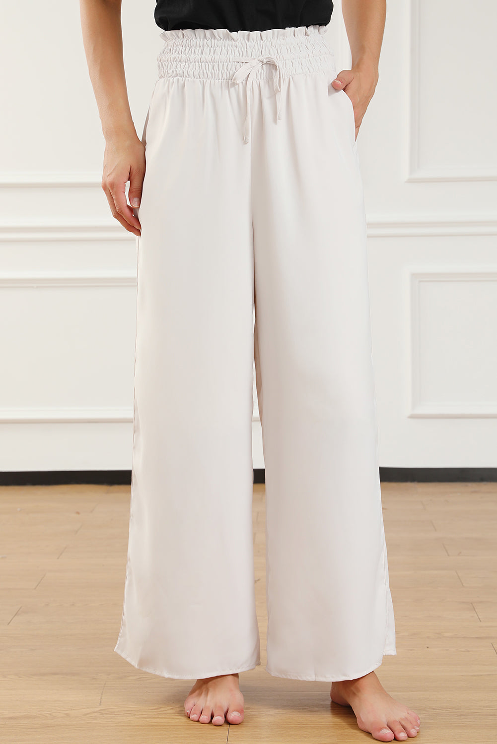 Damen Wide-Leg-Hose in Beige – High-Waist mit Smocked Bund