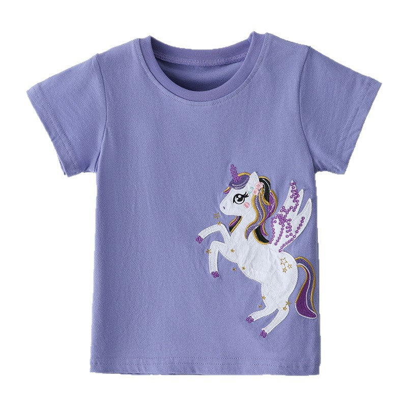 Kinder T-Shirt mit Einhorn Stickerei – Kurzarm
