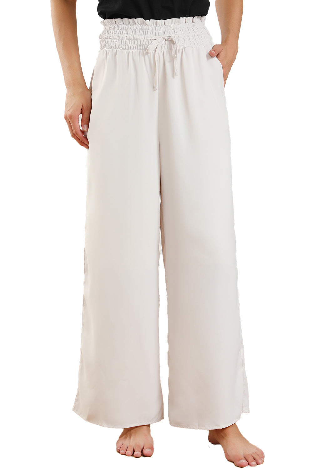 Damen Wide-Leg-Hose in Beige – High-Waist mit Smocked Bund