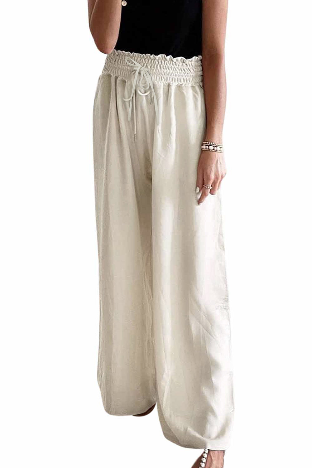 Damen Wide-Leg-Hose in Beige – High-Waist mit Smocked Bund