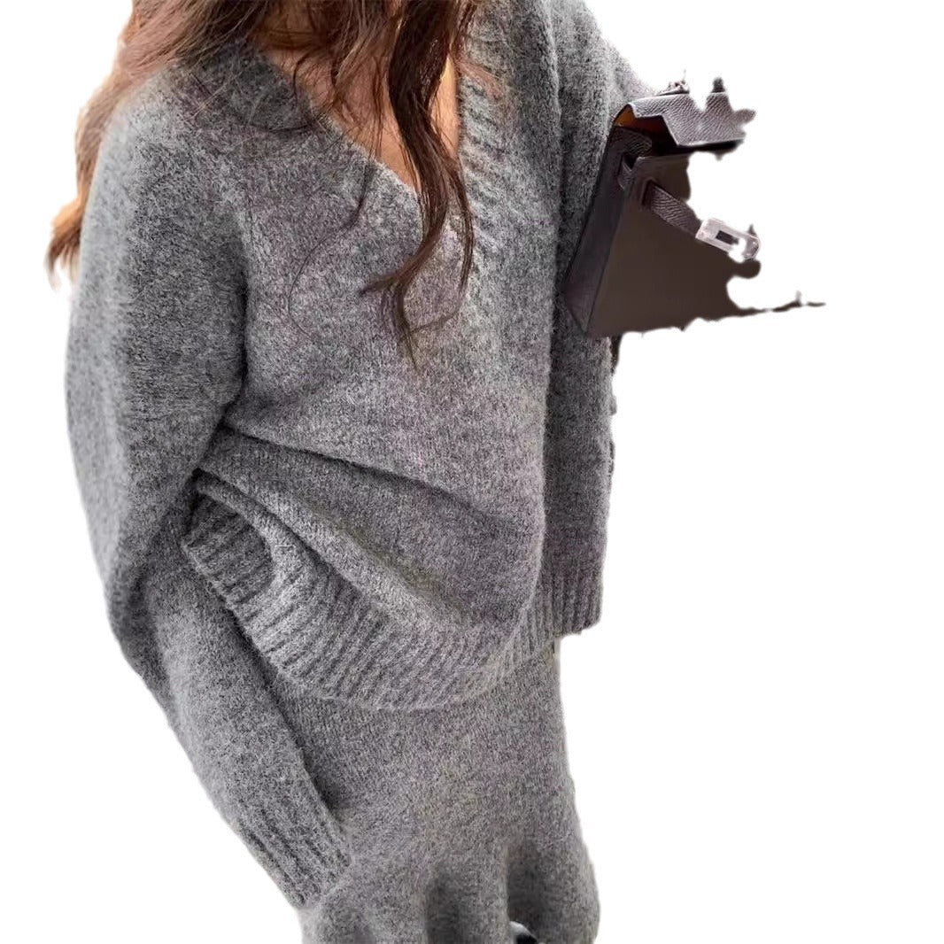 Elegantes 2-teiliges Strick-Set für Damen – V-Ausschnitt & Meerjungfrauen-Rock