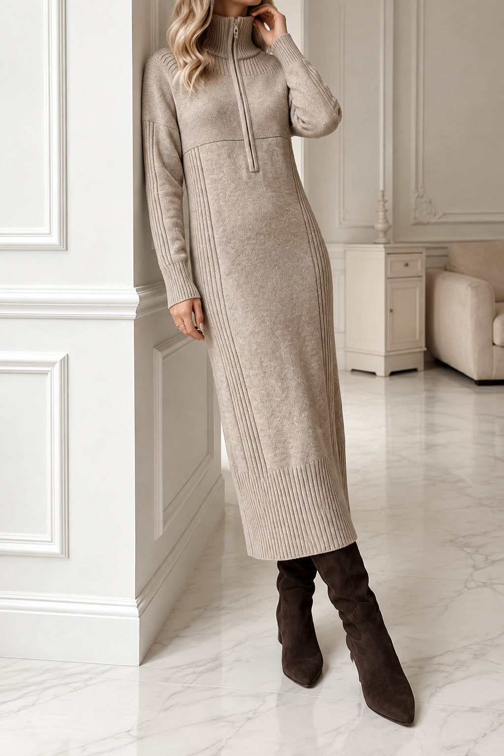 Half-Zip Midi Kleid – Damen Look