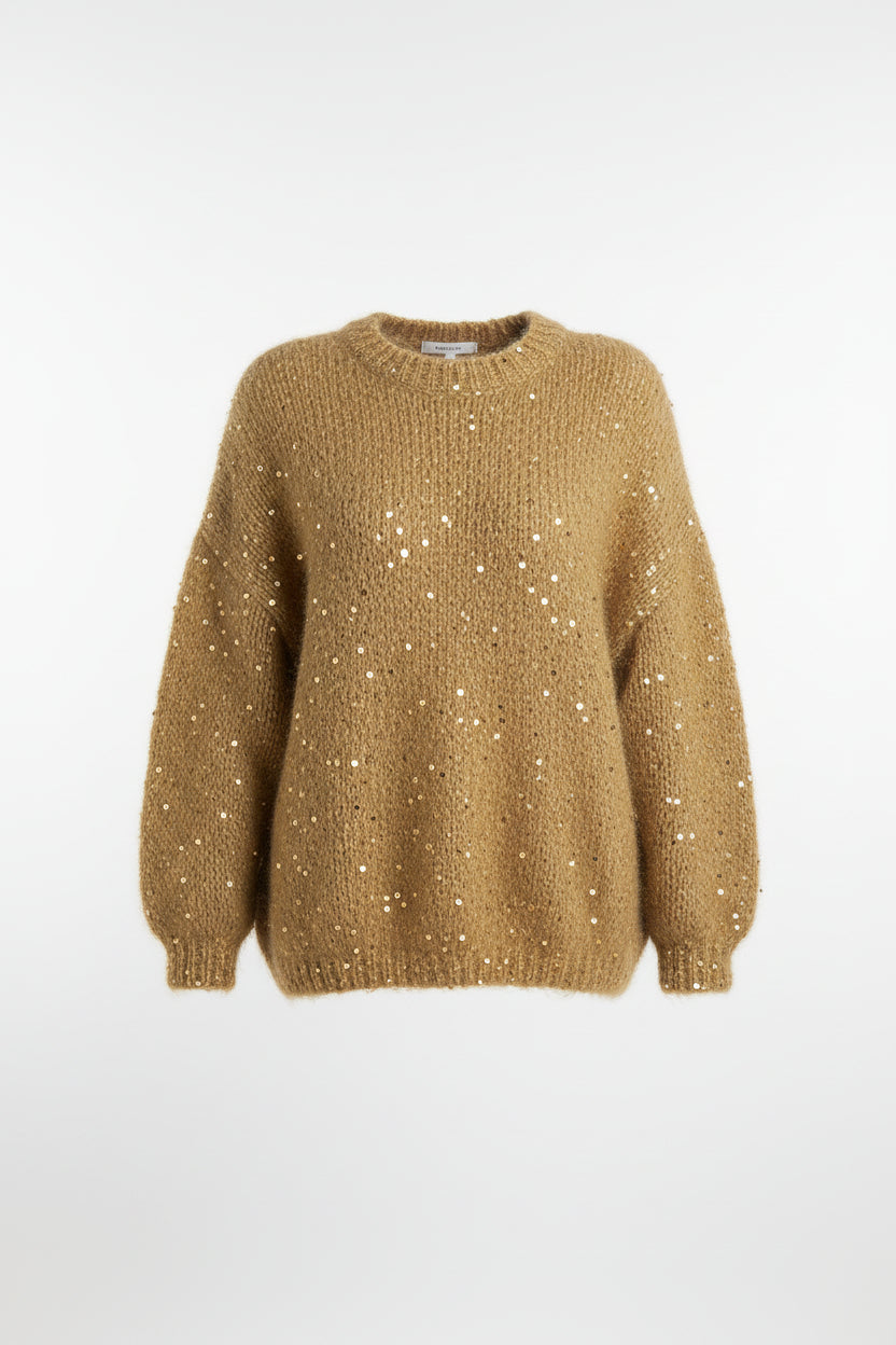 Fashionable sequined sweater, loose round neck lantern sleeve head, knitted sweater