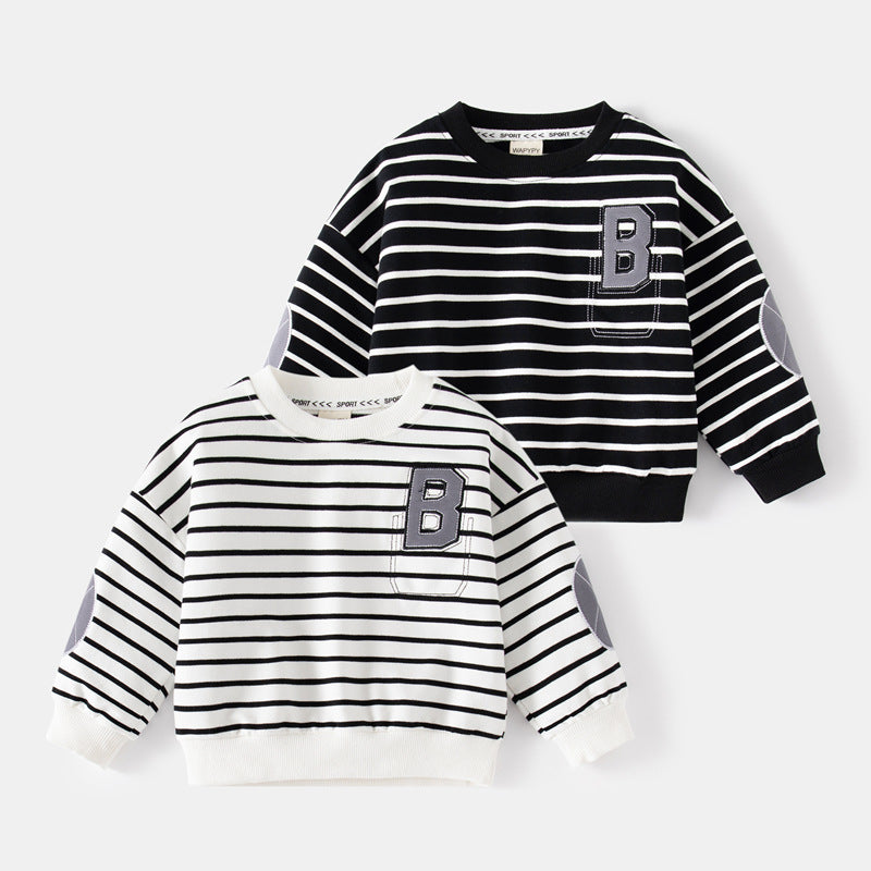Gestreifter Kinder Pullover mit Buchstaben-Detail – Langarm Sweatshirt
