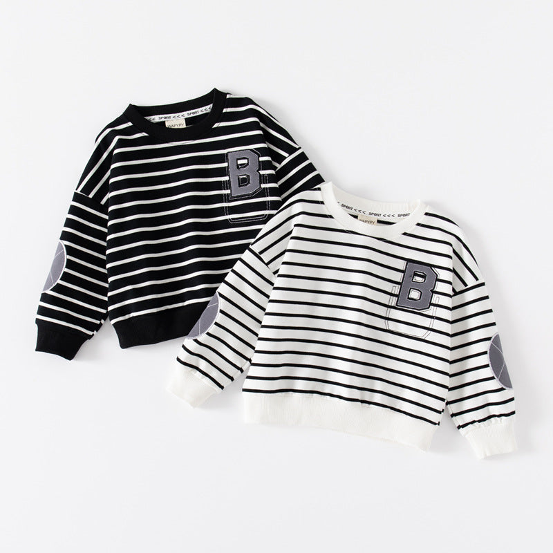 Gestreifter Kinder Pullover mit Buchstaben-Detail – Langarm Sweatshirt