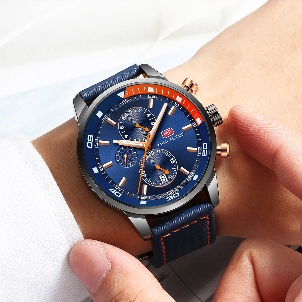 Herren Chronograph Armbanduhr in Blau – Elegantes Lederarmband