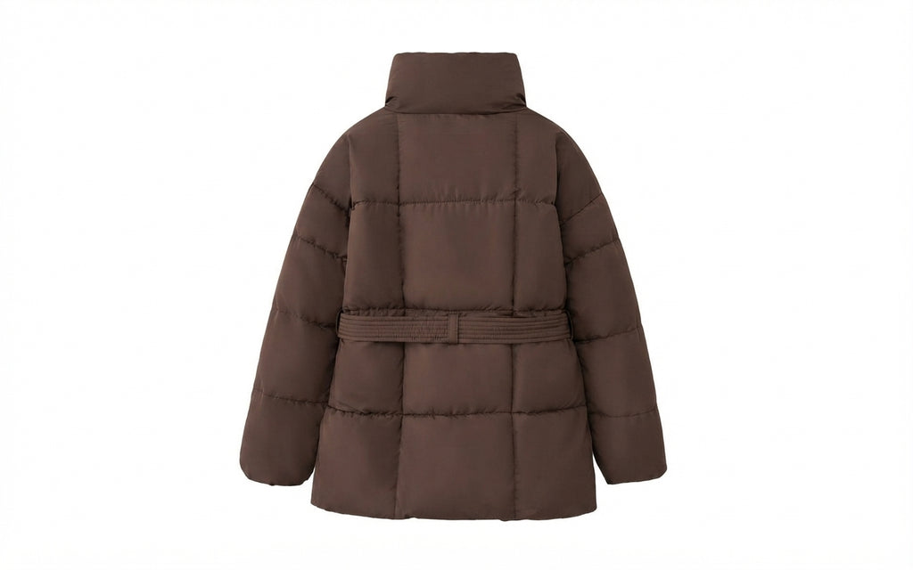 Women's Warm Quilted Winter Parka with Stand-Up Collar & Belt