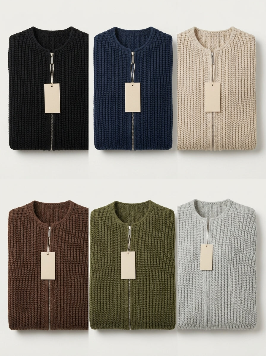 Grobstrick-Strickjacke mit Reißverschluss – Kragenlose Strick-Bomberjacke