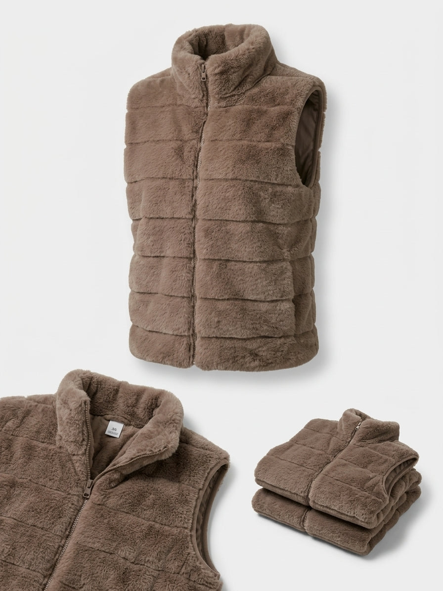 Flauschige Faux-Fur Weste mit Stehkragen – Kuschelige Kunstfell-Weste