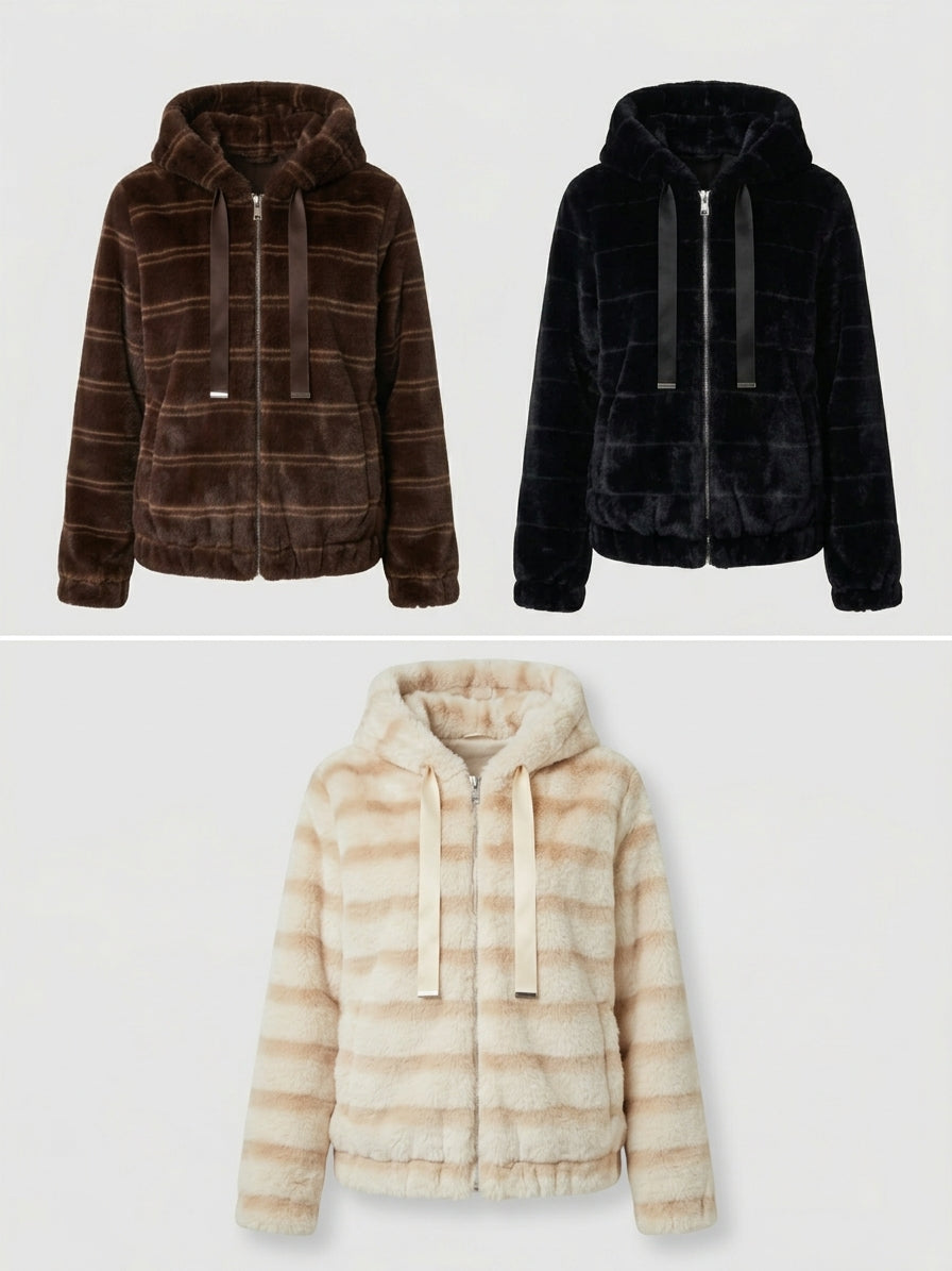 Faux Fur Hooded Jacket with Striped Look – Cuddly Plush Jacket in Brown, Black & Beige