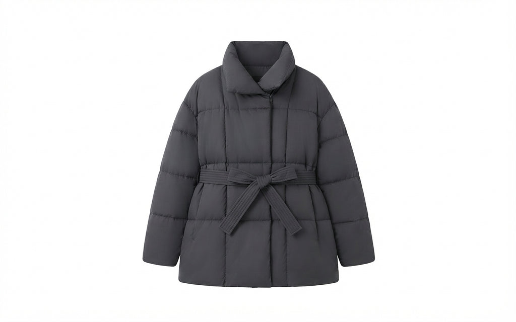 Women's Warm Quilted Winter Parka with Stand-Up Collar & Belt