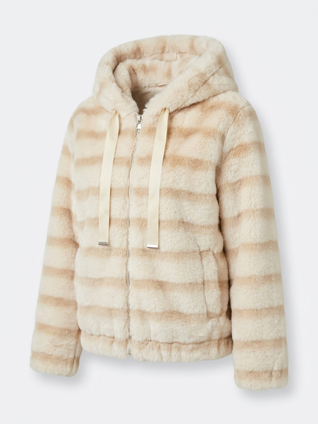 Faux Fur Hooded Jacket with Striped Look – Cuddly Plush Jacket in Brown, Black & Beige