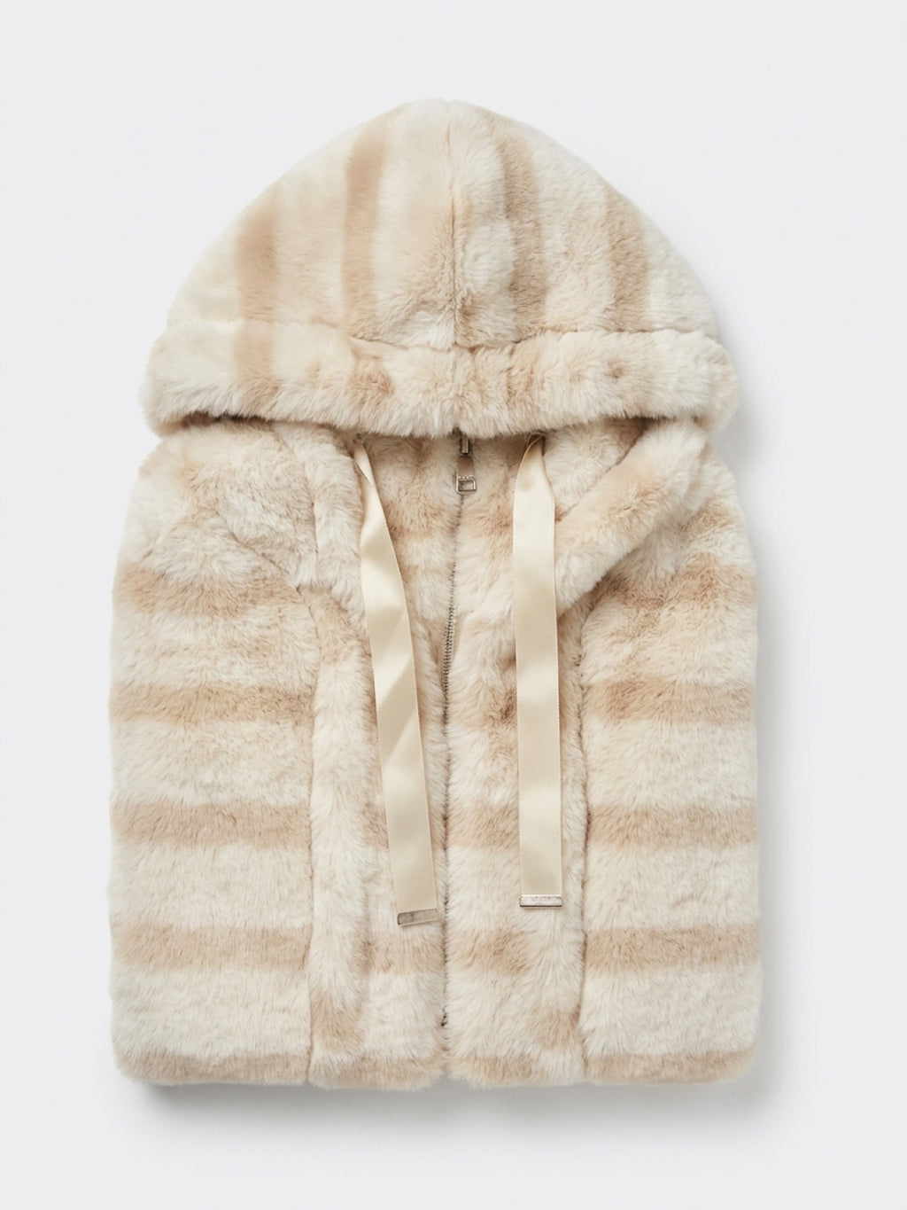 Faux Fur Hooded Jacket with Striped Look – Cuddly Plush Jacket in Brown, Black & Beige